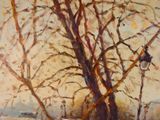 une peinture à l'huile représentant un arbre avec un lampadaire en arrière-plan