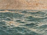peinture représentant une peinture d'un bateau au milieu d'une vaste étendue d'eau