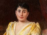 painting of a woman in a yellow dress sitting in a chair