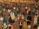 a painting of a large group of people walking in the street