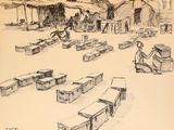 drawing of a man sitting on a bench next to a bunch of benches
