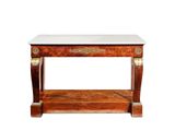 a wooden table with a marble top on a white background