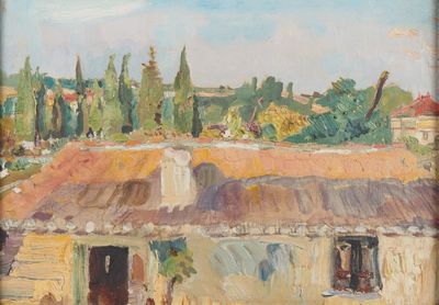 une peinture à l'huile représentant une maison au toit rouge avec des arbres en arrière-plan