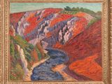 an oil painting of a river running through a mountainous valley