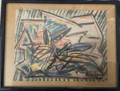 tableau encadré représentant une peinture d'une plante dans un vase posé sur une table