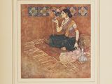 painting of a woman sitting on the floor with a cat in her lap