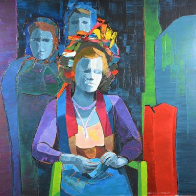 une peinture représentant une femme assise sur une chaise
