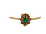 a close up of a gold ring with a green stone