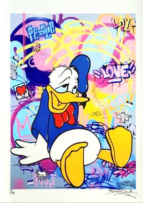 tableau représentant un canard de dessin animé assis devant un mur recouvert de graffitis