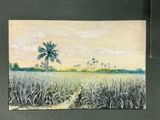 an oil painting of a field with palm trees in the distance