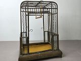 un oiseau en cage posé par terre