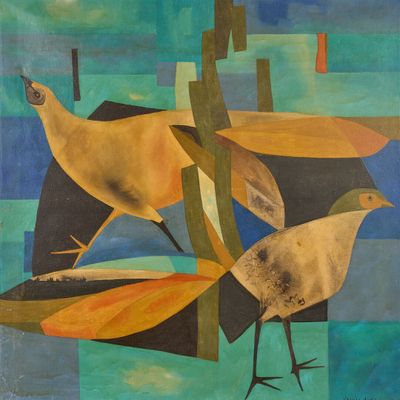 une image représentant un tableau sur lequel figurent deux oiseaux sur un fond bleu et vert