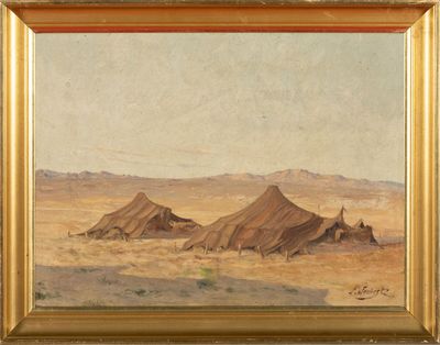 an image of a painting of a desert scene with tents in the foreground