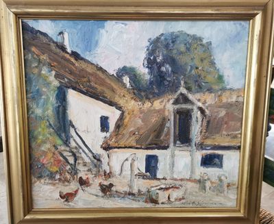 Hans Sorensen (XXe) Cour de ferme avec des poules et une fon…