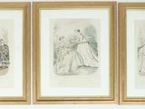 three framed drawings of women in dresses and a man in a suit