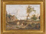 a painting of a river scene with a bridge and figures in the foreground