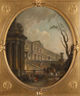 tableau représentant une vue de ville avec une calèche devant un immeuble