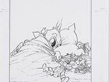 drawing of a cat laying in a bed with a pillow on it