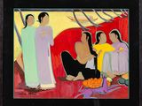une peinture à l'huile représentant un groupe de personnes assises sur un canapé rouge