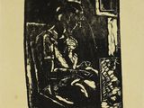 a black and white drawing of a woman sitting in a chair