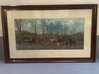 reproduction encadrée d'un tableau représentant des chevaux et des cavaliers dans un environnement boisé