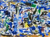 an abstract painting of blue and green paint on a brown surface