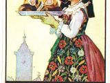 une vieille affiche française représentant une femme tenant une assiette sur laquelle est posé un gâteau