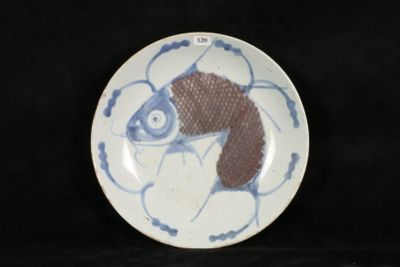 a blue and white plate with a fish design on it