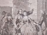 painting of a man and a woman standing in front of a building