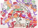 tableau représentant un groupe de personnes jouant au tennis sur un court de tennis