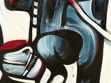 painting of a hockey player holding a hockey stick in his right hand