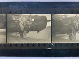 two black and white photos of a man standing next to an airplane