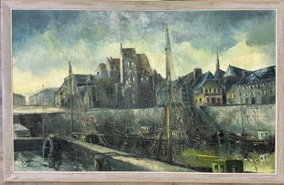 une peinture représentant un bateau dans un port, à côté d'un bâtiment