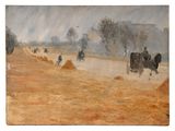 a painting of a group of people riding horses in a field