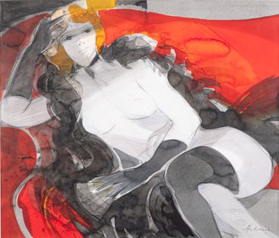 painting of a woman sitting on a red chair with a crown on her head