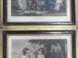 two framed pictures of children playing with a dog and a cat