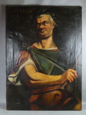 un vieux tableau représentant un homme tenant une épée dans la main droite