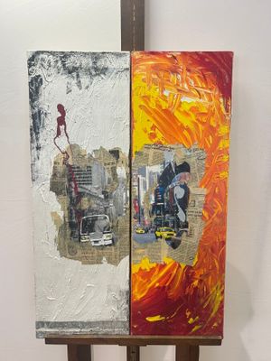 a painting on a easel with a picture of a fire hydrant in the background