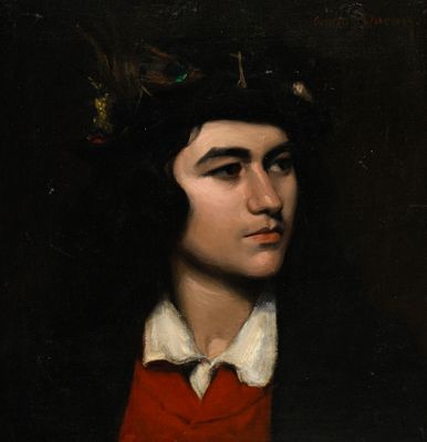 portrait d'un jeune homme portant un gilet rouge et une chemise à col blanc