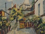 une peinture accrochée au mur d'un immeuble où se trouve un escalier