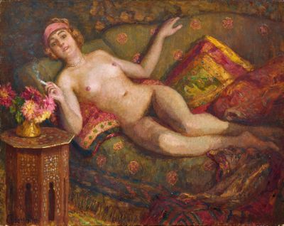un tableau représentant une femme nue allongée sur un canapé