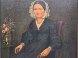 tableau représentant une femme assise sur une chaise avec un vase de fleurs