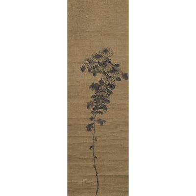 an oriental painting of a plant with leaves on a brown background