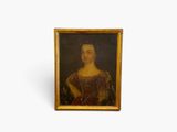 painting of a woman in a brown dress in a gold frame