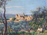 une peinture à l'huile représentant une vue d'un village avec une église au loin
