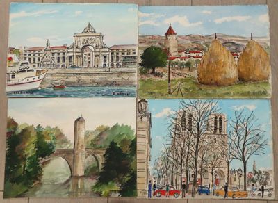 tableau représentant quatre tableaux d'une ville avec un pont et une église