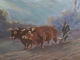 a painting of a man plowing a field with two oxen