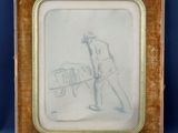 tableau représentant un homme tirant une charrette sur laquelle est représenté un cheval