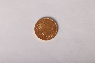 a small coin sitting on a white surface with a white background