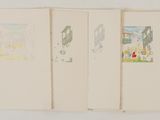 four books with drawings on them are lined up on a wall